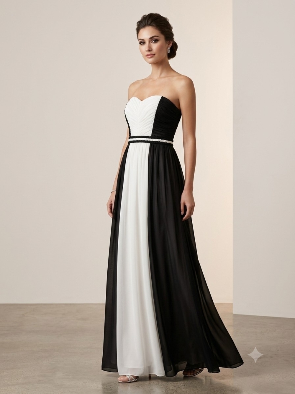 Strapless Black and White Evening Gown